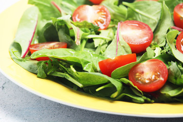 A plate with green salad and cherry tomatoes