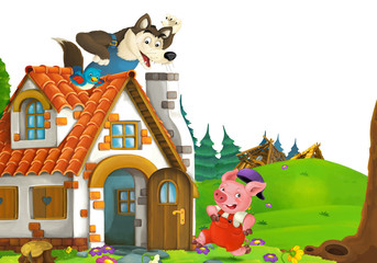 cartoon scene with home of three pigs farmers near the meadow with white background space for text - illustration for children