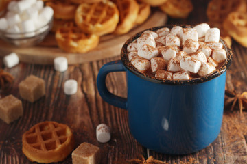A mug with hot chocolate with marshmallow	