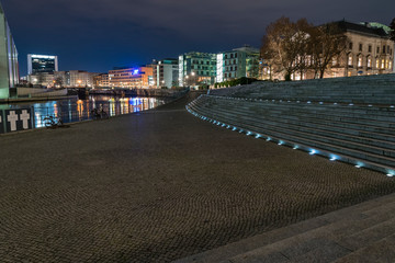 A large stone staircase with light spots, modern architecture, at night, Stairways with Light Dots, lamps in ground