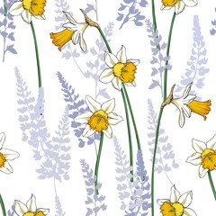 Vector seamless Flower pattern with white background for fabric, clothes, Wallpaper. Daffodils and lavender flowers in this summer ornament.