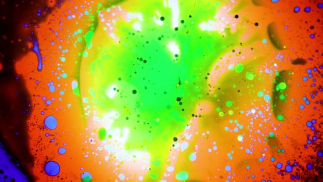 Psychedelic abstract liquid light show, weird ink patterns in water, oil, paint. Multicolor 60's disco oil wheel. Organic swirl pattern, dye explosion, kaleidoscope of colors. Bright trippy wallpaper