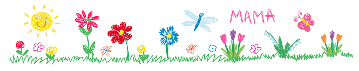 Children pattern. Kids drawing flowers, sun. Multicolored symbols set for kindergarten, school. Child protection, cancer awarenes - 311038908