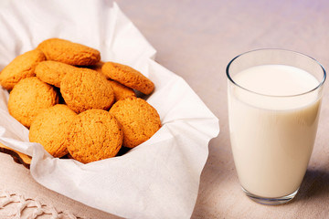 The milk and cookies. Tasty and healthy. Close up.