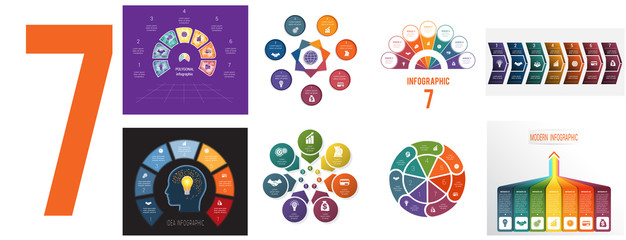 Set 8 universal templates for Infographics conceptual cyclic processes for 7 positions possible to use for workflow, banner, diagram, web design, timeline, area chart,number options - obrazy, fototapety, plakaty