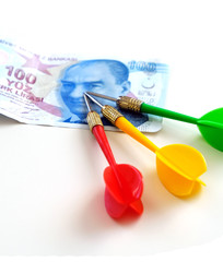 paper banknotes money and dart arrow, on white background