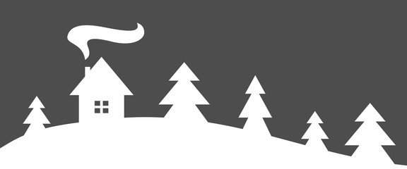 House in forest silhouette. Grey and white vector illustration.