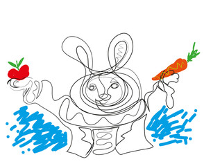 One continuous line drawing of cute bunny holding apple and carrot. Simple line art drawing of healthy life for child concept.