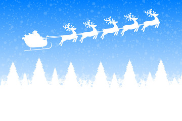 Santa Claus is flying with a reindeer team in the forest with trees