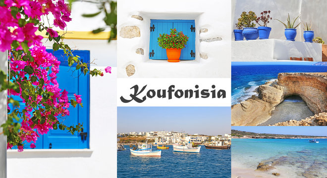 photo collage of Koufonisia islands Cyclades Greece - traditional bougainvilleas, houses and Aegean sea landscape