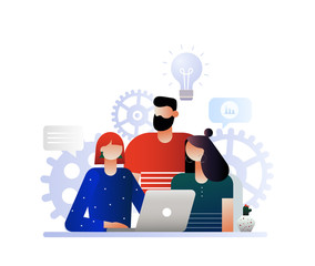 Team work, businessmen discuss projects, social networks, news, chat, dialogue speech bubbles, flat style, project management. Characters design, vector illustration