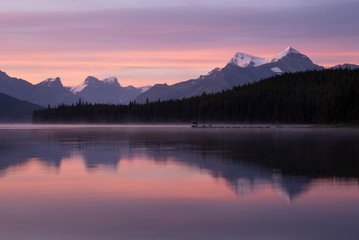Maligne Lake close to Jasper with early morning mood, Alberta, Canada