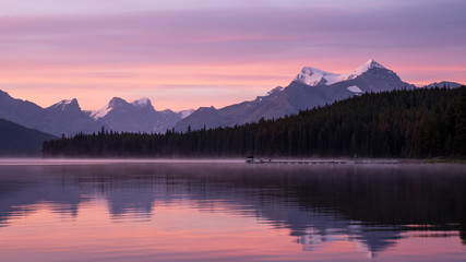 Maligne Lake close to Jasper with early morning mood, Alberta, Canada
