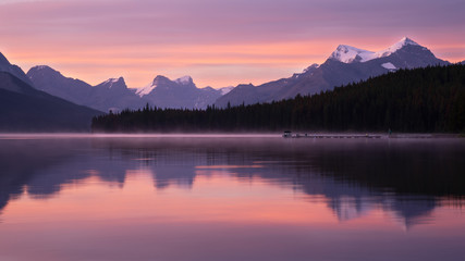 Maligne Lake close to Jasper with early morning mood, Alberta, Canada