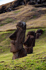 Moai on Ranu Raraku Volcan. Ester Island Landscape