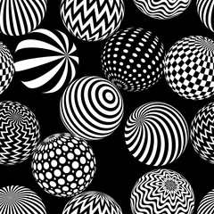Seamless 3D abstract pattern with patterned spheres in black and white. 