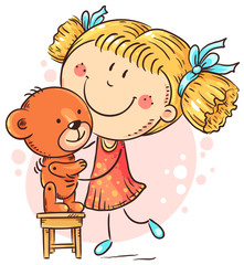 Little girl playing with a teddy bear, cartoon drawing