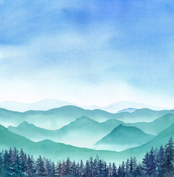 青空と山々の眺め　水彩イラスト