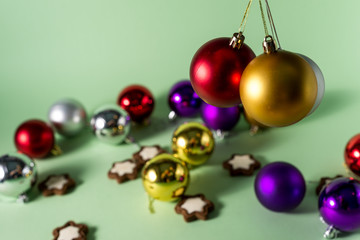  Festive Christmas or New Year background. Christmas multi-colored red blue silver and gold balls. Holiday background