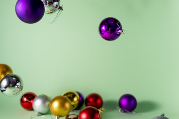  Festive Christmas or New Year background. Christmas multi-colored red blue silver and gold balls. Holiday background