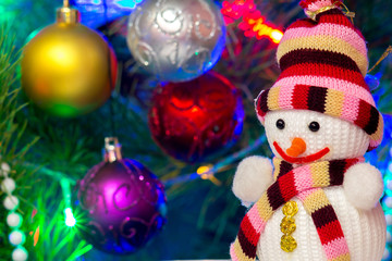Toy snowman on the background of a festive New Year's background