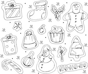 New year stickers set. Isolated contour on a white background. Vector. Doodle style. Can be used as a coloring, for decorating cards, invitations. Design t-shirts, mugs, gifts