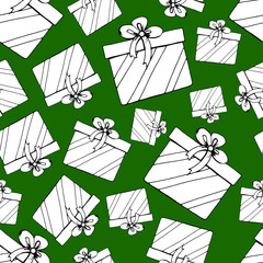Fototapeta na wymiar Seamless pattern. Boxes with gifts on a green background. Doodle style. Vector. Decor element for wallpaper, fabric, covers, wrapping paper.