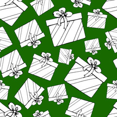 Seamless pattern. Boxes with gifts on a green background. Doodle style. Vector. Decor element for wallpaper, fabric, covers, wrapping paper.