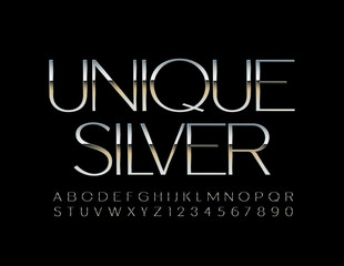 Vector Unique Silver Alphabet Letters and Numbers. Modern Metallic Font