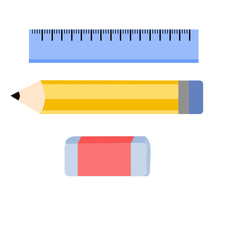Pencil, eraser, ruler on a white background.A set of stationery for study or business supplies.