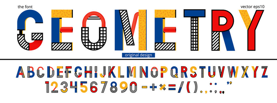 Memphis font in modern style. Graphic vector typeface. Abstract digital letters. Red and yellow and blue colors. Pop art retro alphabet and number set. Typography design.