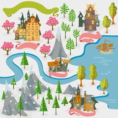 Fairy tale fantasy map builder cartography vector illustrations draw