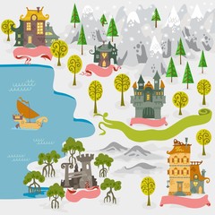 Fairy tale fantasy land map builder cartography vector illustrations draw