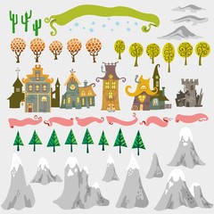 Fairy tale fantasy map builder cartography isolated vector illustrations draw