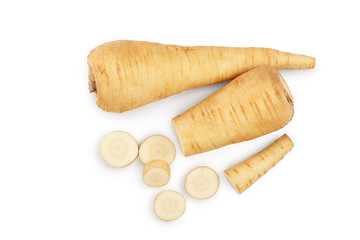 Parsnip root and slices isolated on white background closeup. Top view. Flat lay