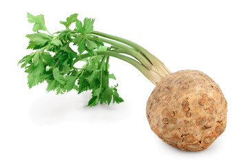 Fresh celery root with leaf isolated on white background