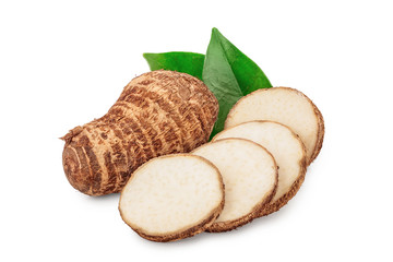 fresh taro root sliced with leaf isolated on white background