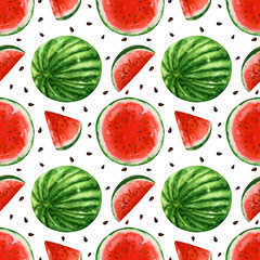 Watercolor seamless pattern with watermelons. Hand drawn vegetarian food. Design for cafe and restaurant. Illustration for menu. Print for textile. Template, background, ornament, wallpaper