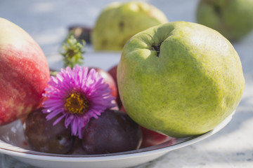 Fragrant apples and sweet plums and pears on a plate standing on the table. Delicious fruits in the warm summer sun.