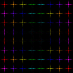 Glowing chaotic transparent neon stars on a neon black background.