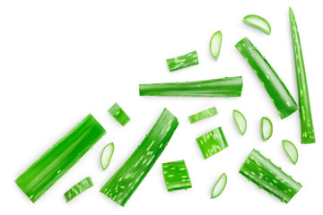 Aloe vera with slices isolated on white background with copy space for your text. Top view. Flat lay.