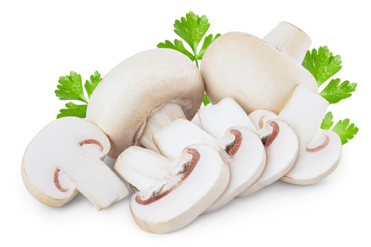 Fresh mushrooms champignon and slices isolated on white background with clipping path