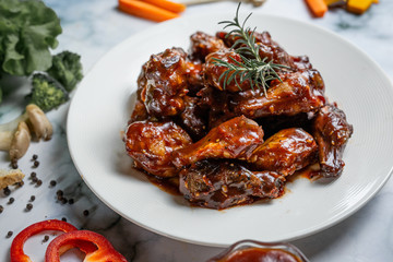 grilled steak with sauce and vegetables