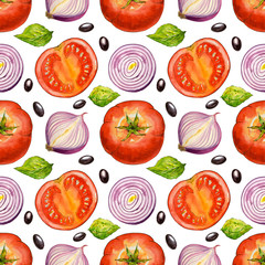 Watercolor seamless pattern with vegetables. Hand drawn vegetarian food. Design for cafe and restaurant. Illustration for menu. Print for textile. Template, background, ornament, wallpaper