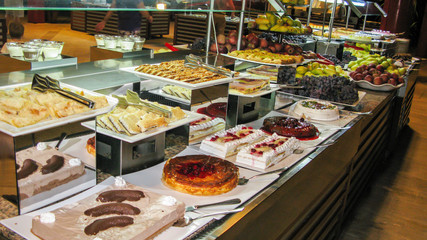 huge selection of varied food at self-service desks in Turkish hotels on an all-inclusive system