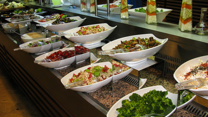 huge selection of varied food at self-service desks in Turkish hotels on an all-inclusive system