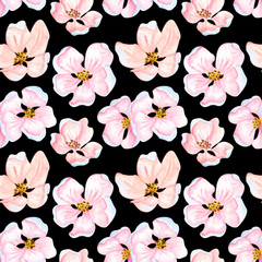 Watercolor seamless pattern of cherry flowers and leaves. Floral repeating pattern with hand drawn apple blossom branch.