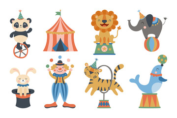 Cute circus animals and clown character design. - obrazy, fototapety, plakaty
