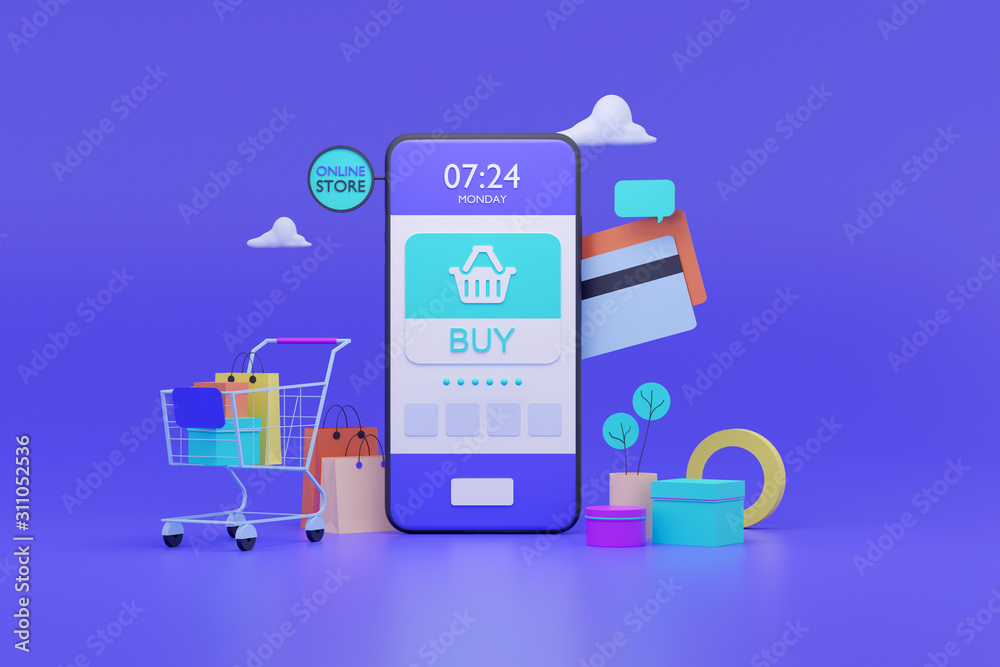 Wall mural shopping on-line. online store on website or mobile application. 3d rendering background. digital ma