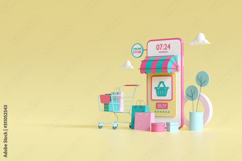 Wall mural shopping on-line. online store on website or mobile application. 3d rendering background. digital ma